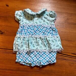 Baby Okie Dokie green blue floral ruffle collar one piece romper SIZE 0-3M